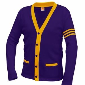 Show your school pride. Check out varsity cardigan sweater in purple and gold.